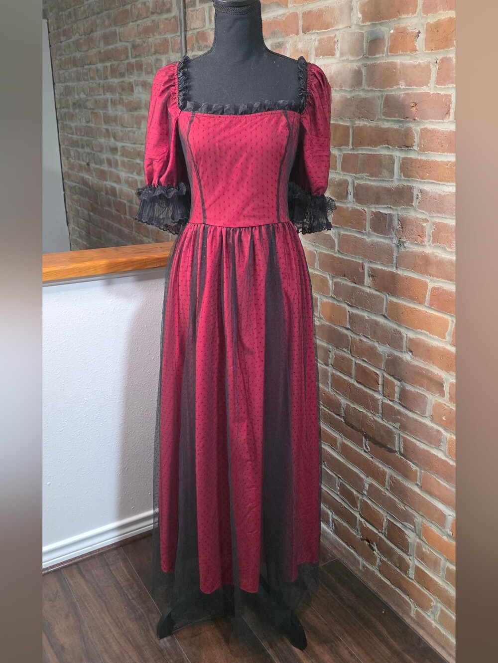 Gothic Red & Black Mesh Swiss Dot Maxi Dress Puff Sleeve